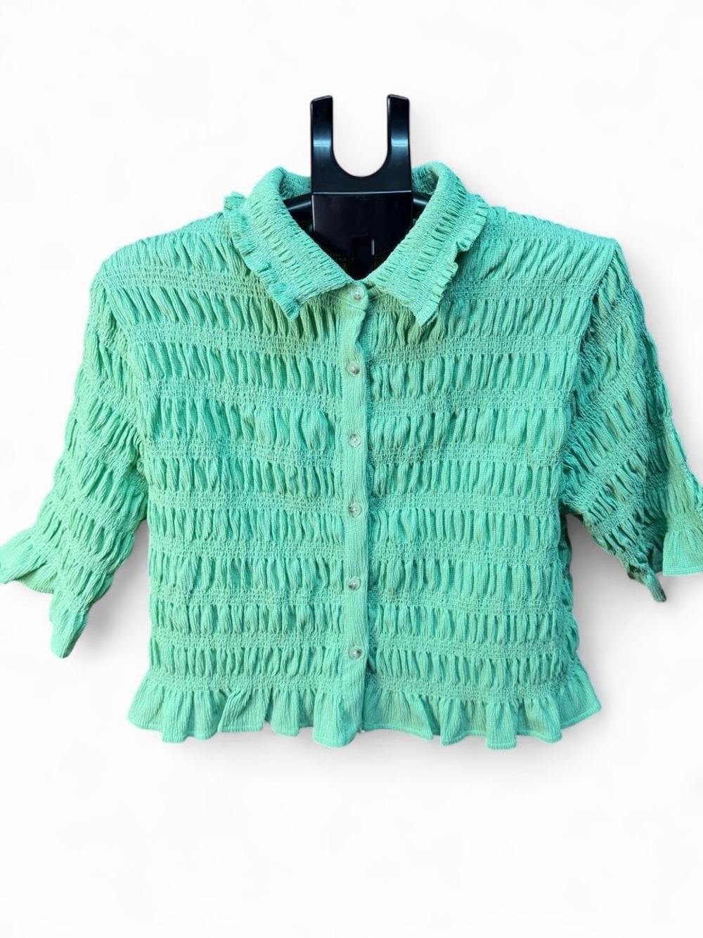 Maeve Anthropologie Green Smocked Button Front Ruffle Blouse Large - Picture 2 of 6